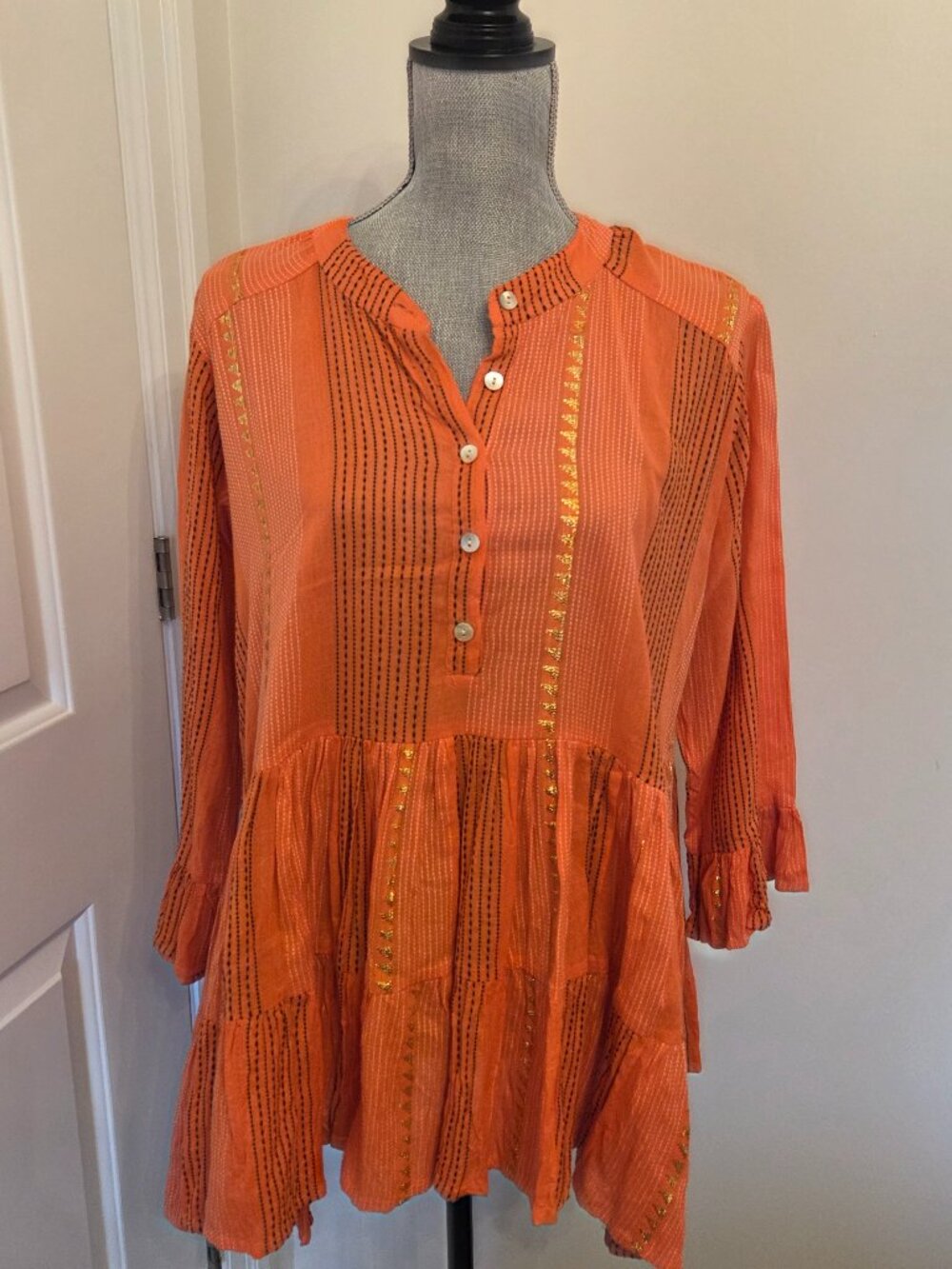 Lemonwood boho tiered tunic orange with gold detail cotton size S